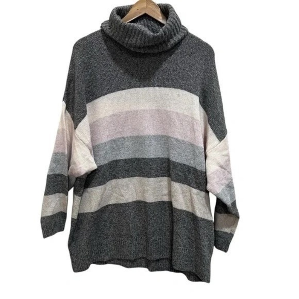 Splendid Wool Blend Striped Turtleneck Sweater M Gray Pink Beige Oversized NWOT